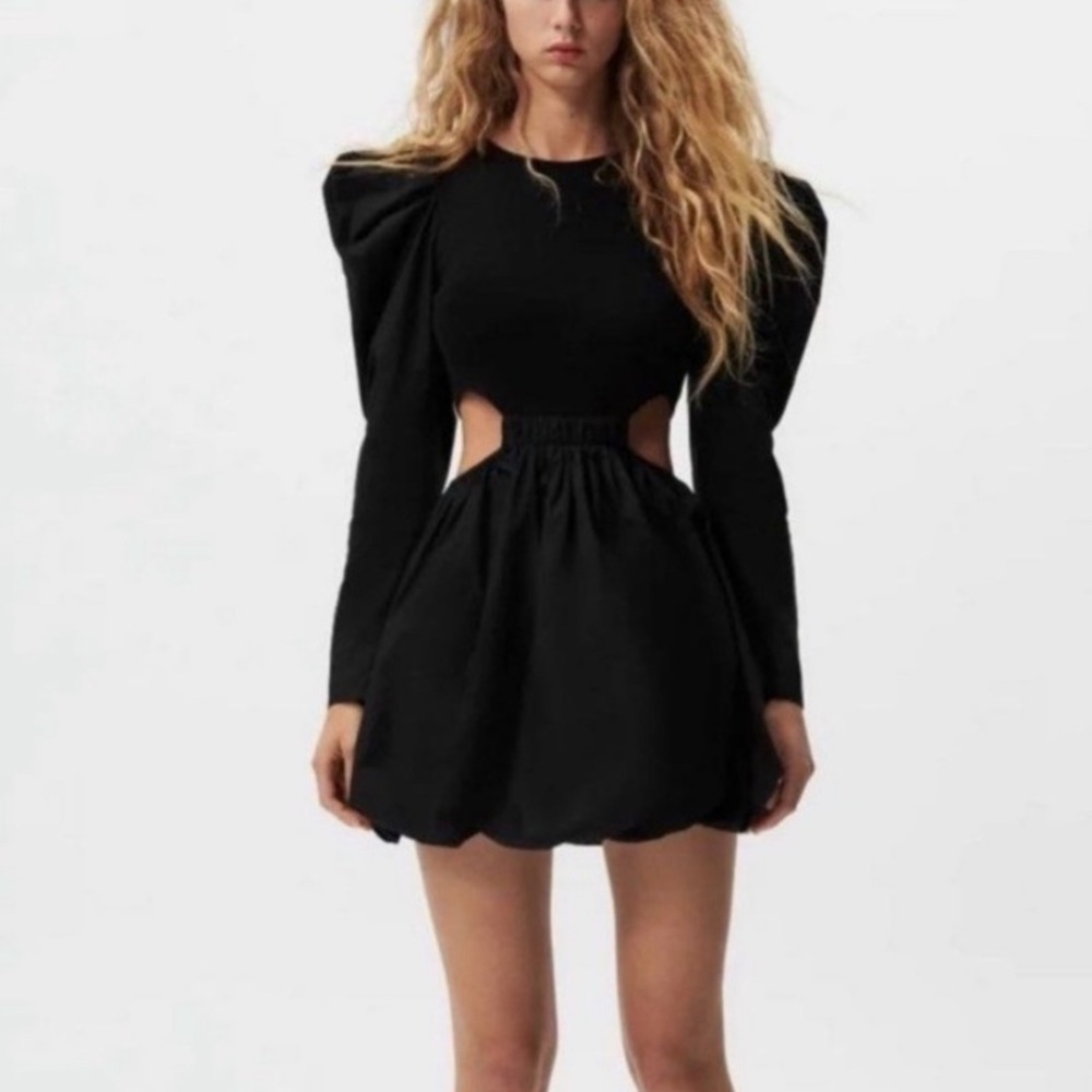 ZARA XS Black Puff Sleeve Cut Out Bubble Mini Skirt Dress